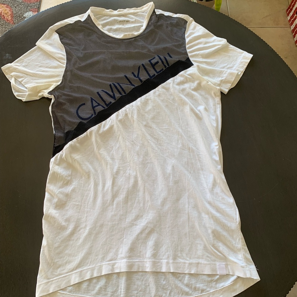 Calvin Klein White with Black Mesh long T-Shirt Women’s Small